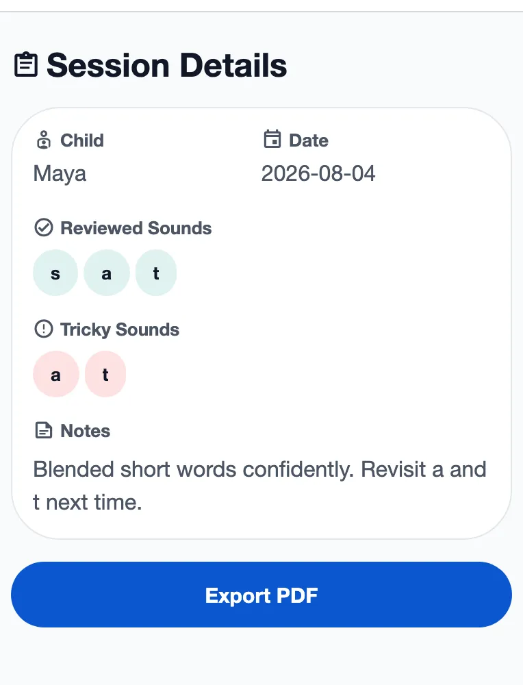 A completed session record showing the sounds reviewed, the sounds marked tricky, a short note and an export to PDF button
