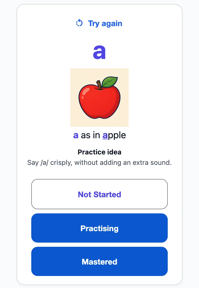 A flashcard for the sound a with a practice idea and buttons to mark it not started, practising or mastered
